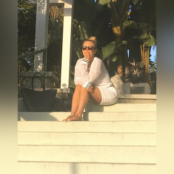 Truly Madly Deeply Open Knit Sweater, White with Striped Trim, Size Large - Picture 11 of 17